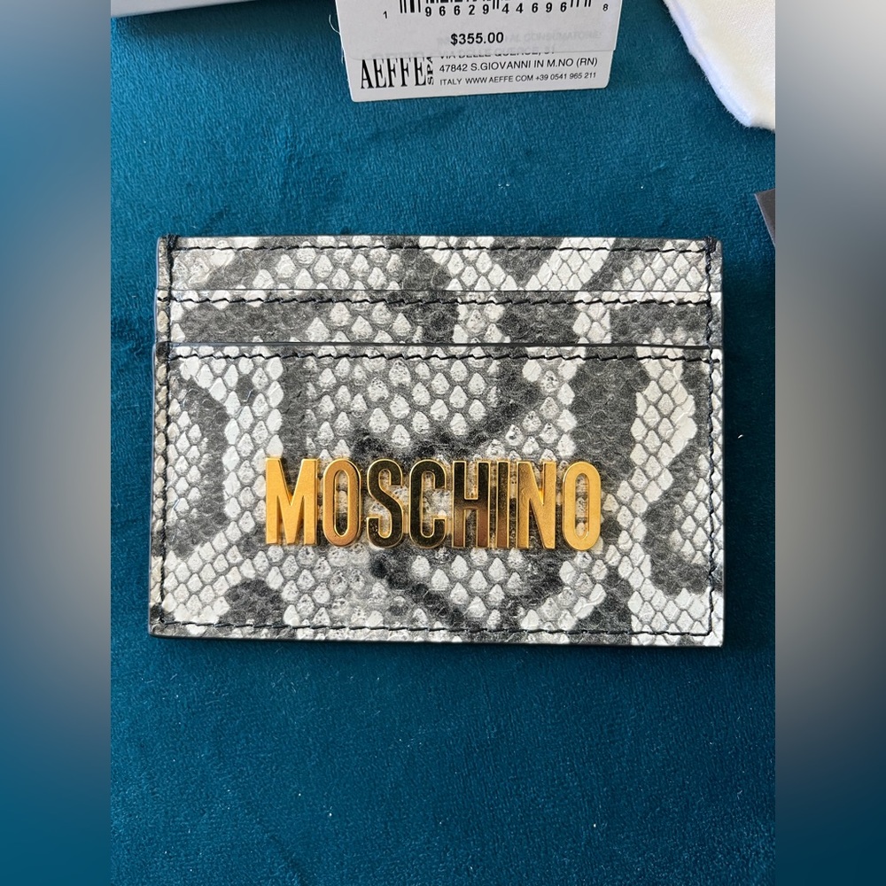 MOSCHINO Card Holder Wallet Leather Snakeskin Gold Logo NWT